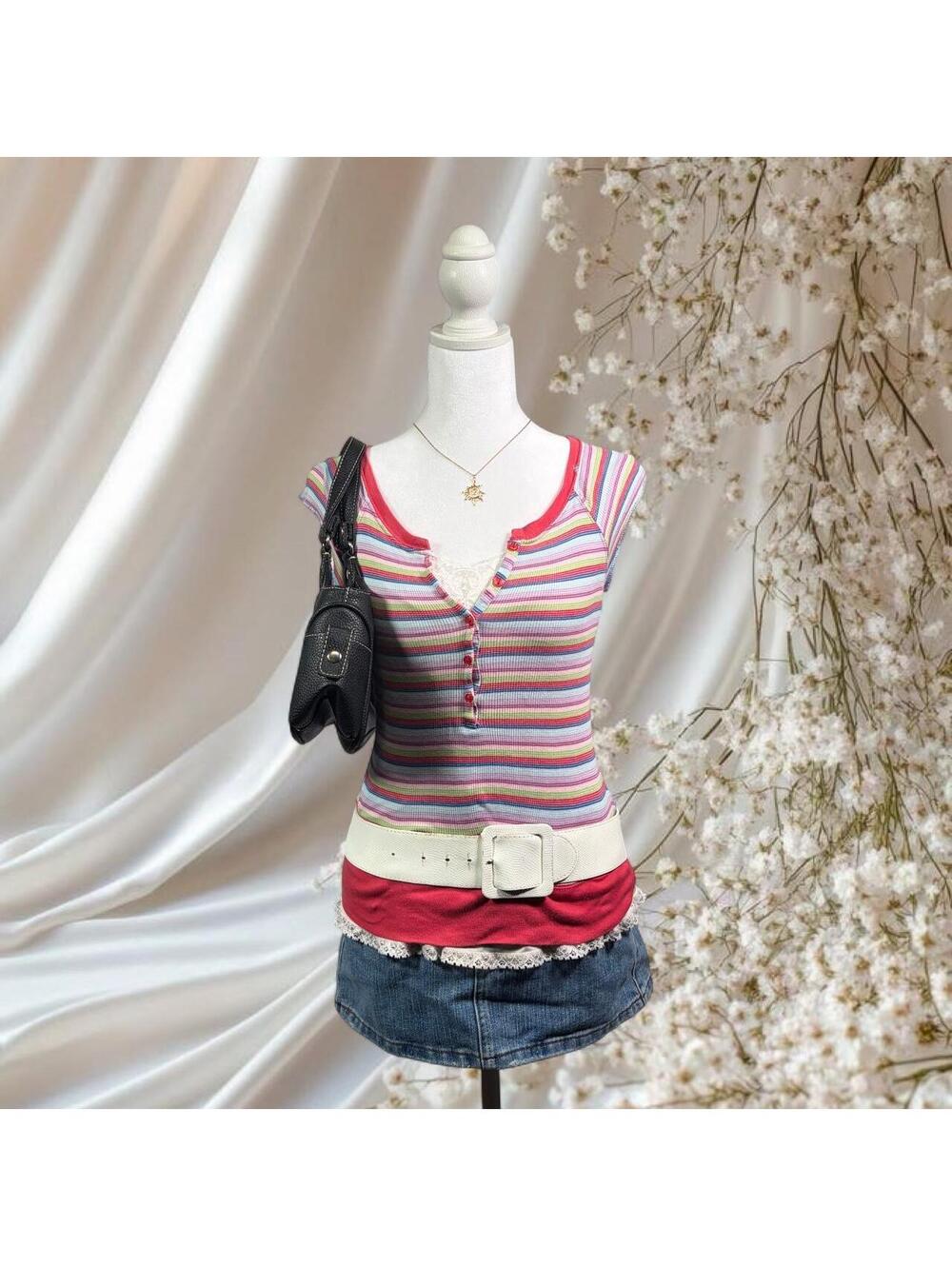 Y2K RAINBOW STRIPED RIBBED HENLEY TOP